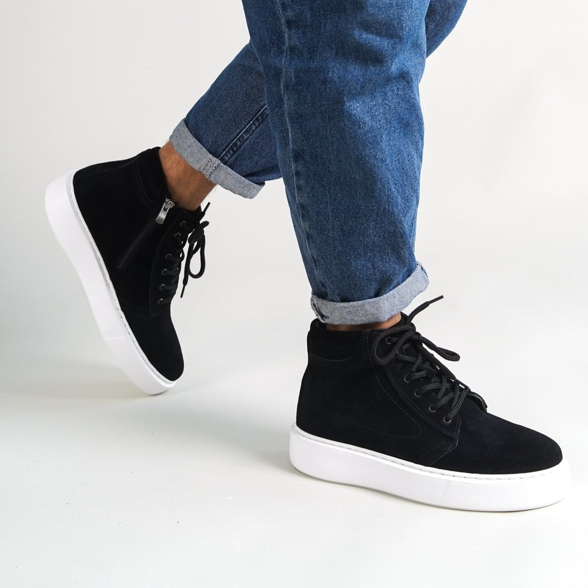 O&D High-Top Zip Sneakers Black Suede(Naturel Leather)