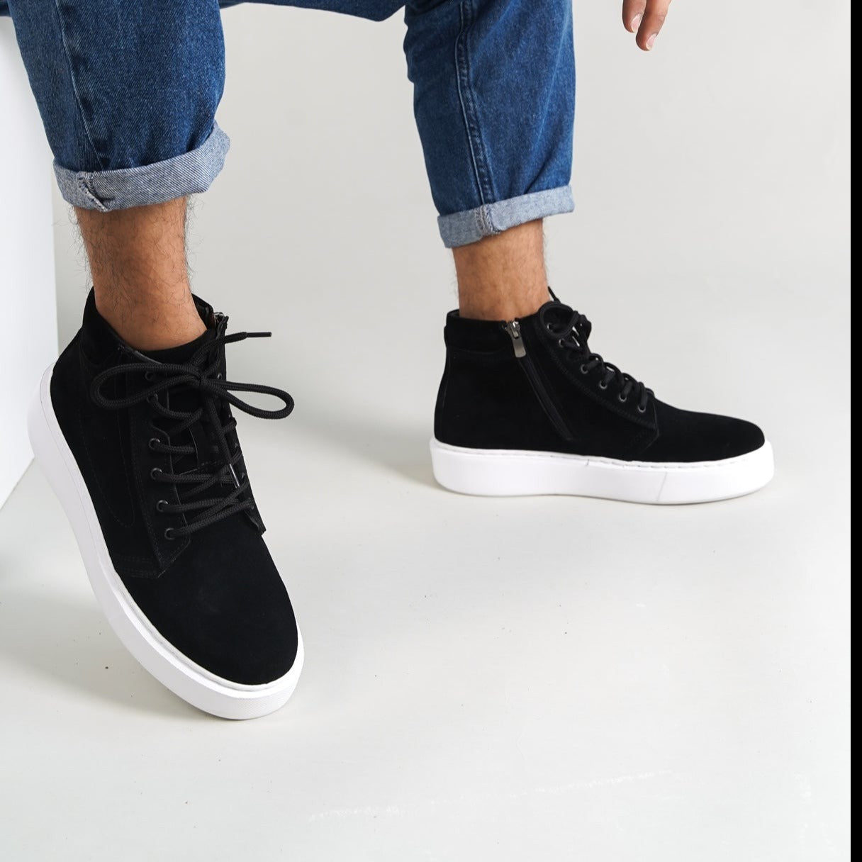 O&D High-Top Zip Sneakers Black Suede(Naturel Leather)