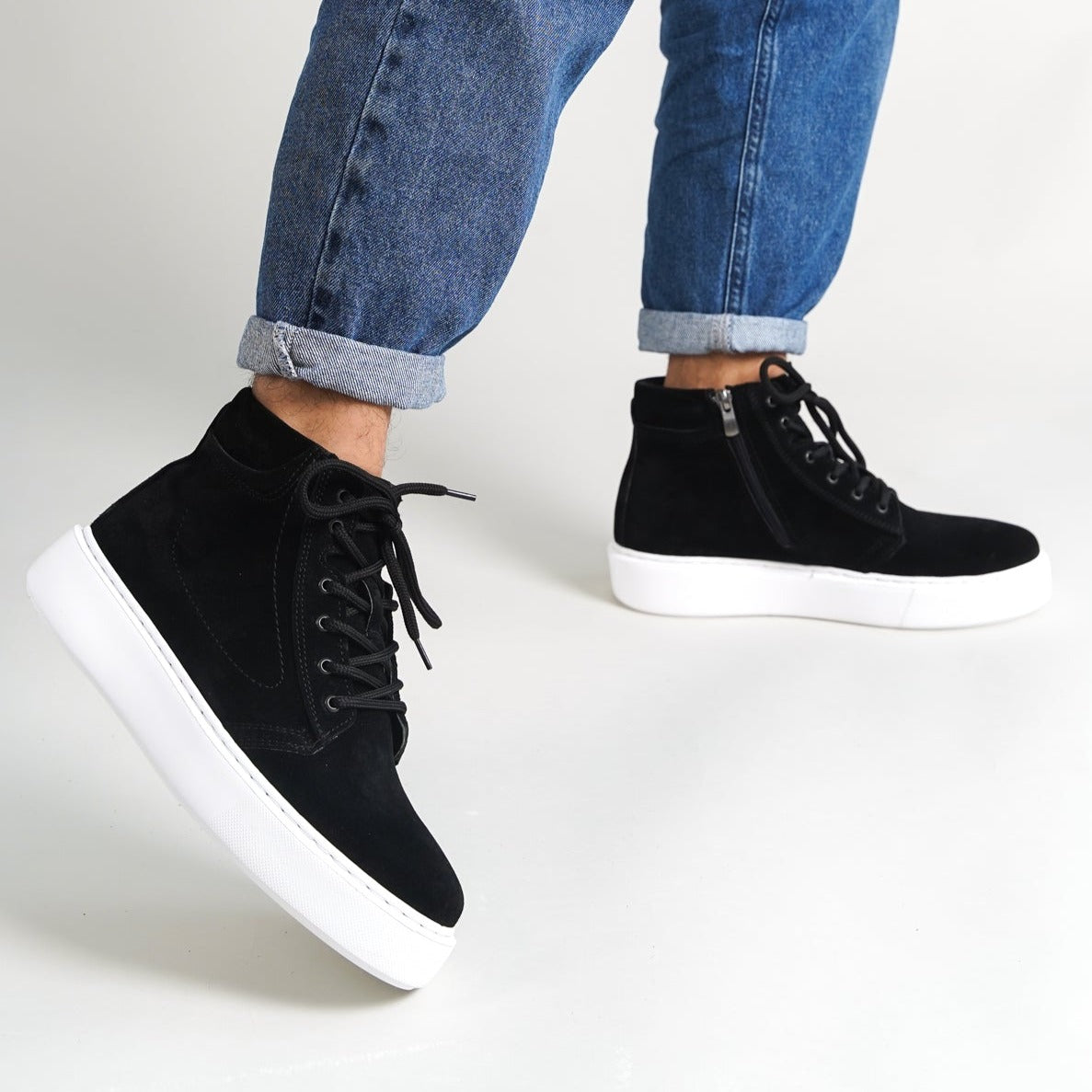 O&D High-Top Zip Sneakers Black Suede(Naturel Leather)